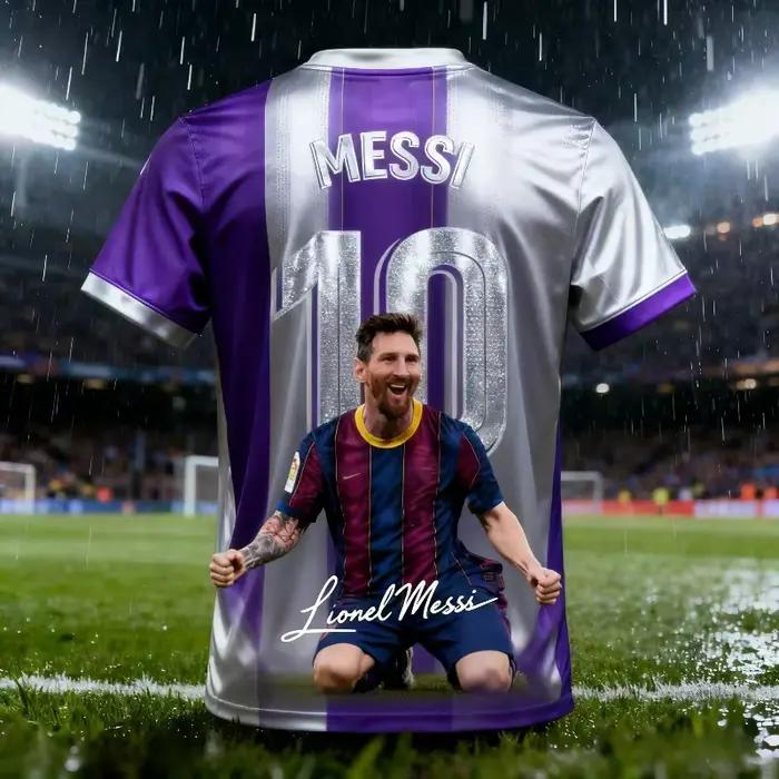 Maillot de football imprimé en 3D de Barcelone Messi n°10, décoré d'un portrait de Lionel Messi et de graphiques signés.