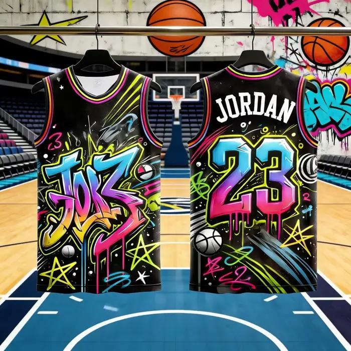 Nouveautés 2025 : Maillot de basketball Jordan style graffiti hip-hop pour hommes et femmes, débardeur de basketball, maillot spécial pour les fans, t-shirts pour la famille et les enfants