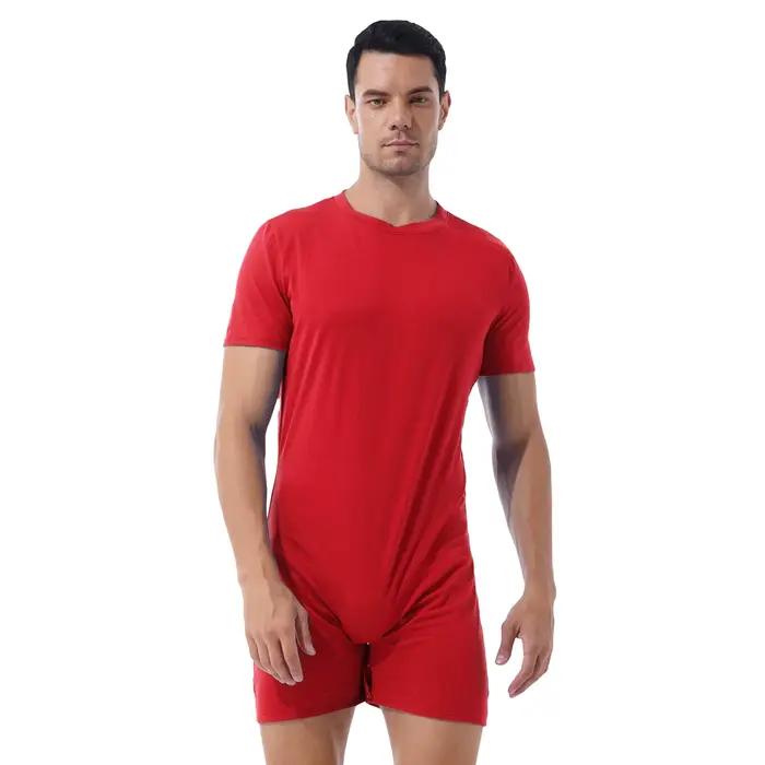 Maillot de bain à col rond pour hommes, manches courtes, combinaison, maillots de bain décontractés, fermeture éclair invisible, une pièce, barboteuses, combinaisons d'été sportives