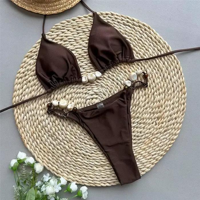Maillots de bain vert uni Sexy licou Triangle perle String Bikini Mini Micro