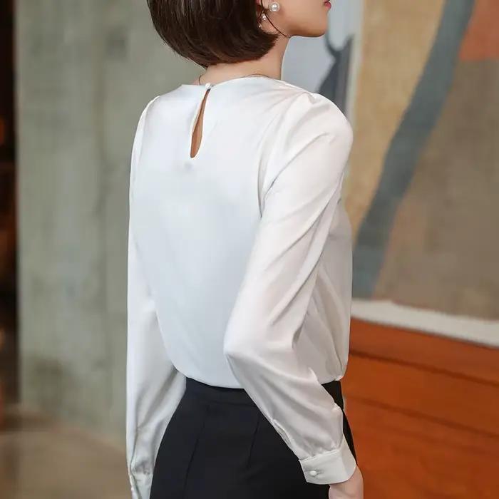 Chemise blanche à manches longues et col rond pour femme, chemisiers en mousseline de soie, bureau, travail à fond, bleu marine, nouvelle mode, printemps, 2022
