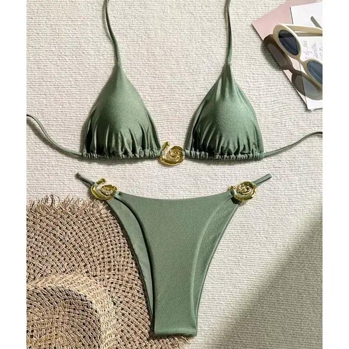 Métal Micro Bikini maillots de bain femmes Sexy à lacets Triangle licou coupe haute string