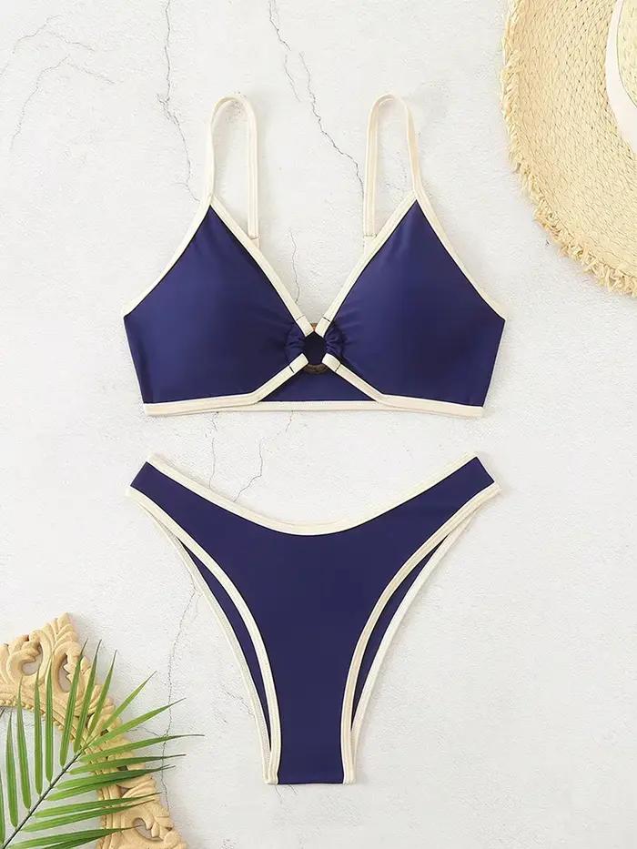 Bikini Halter Femme 2026 Maillot de Bain Sexy Brésilien Ensemble String Biquini Tenue de Plage Bleue Occasion Spéciale