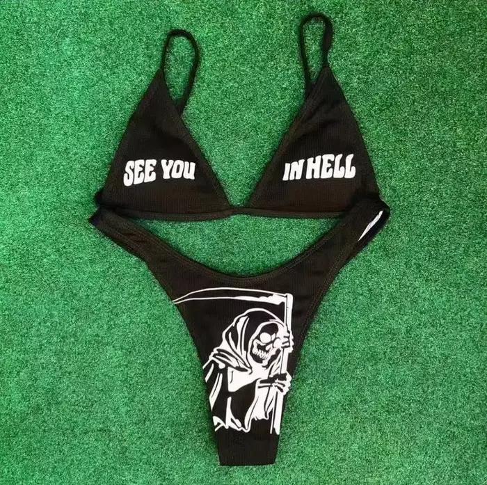 2025 Yiiciovy nouveau Sexy femmes drôle imprimé 2 pièces ensemble de Bikini mode col en v été plage brésilienne Biquini Micro Bikinis ensembles