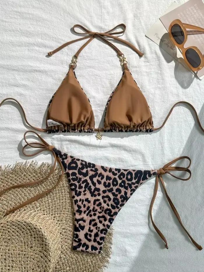 Ensemble Bikini Licou Imprimé Léopard Style de Plage Tissu Polyester Pour Femmes Junior Occasions Plage et Piscine