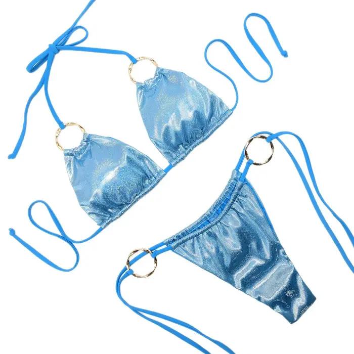 Brillant scintillant licou à bretelles Bikinis femme maillot de bain femmes Laser irisé anneau maillots