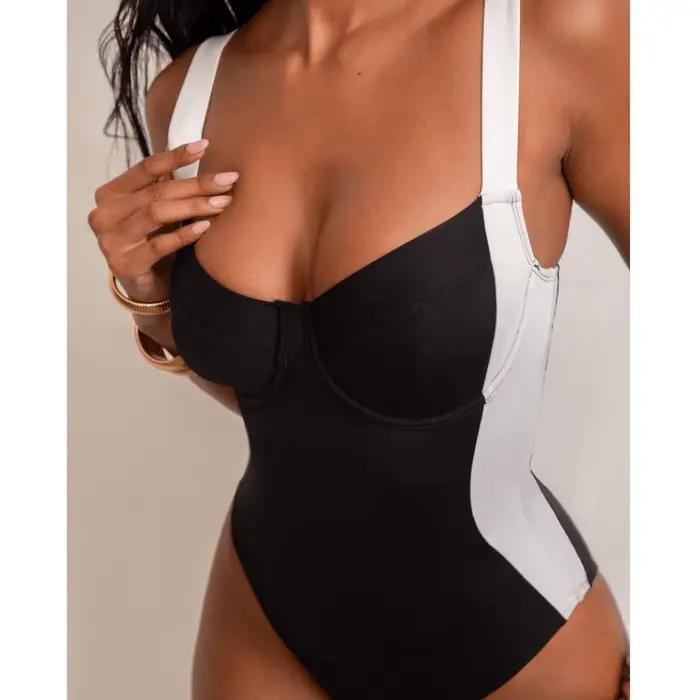 Contrôle du ventre noir fronde façonnage une pièce maillot de bain ensemble femmes Boho