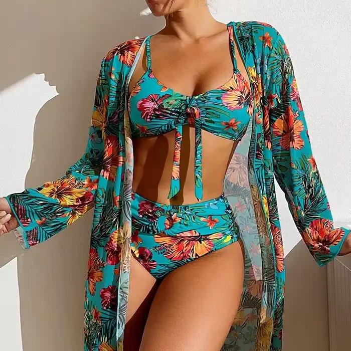 Taille S-3XL Bikini trois pièces imprimé fleuri maillot de bain femmes