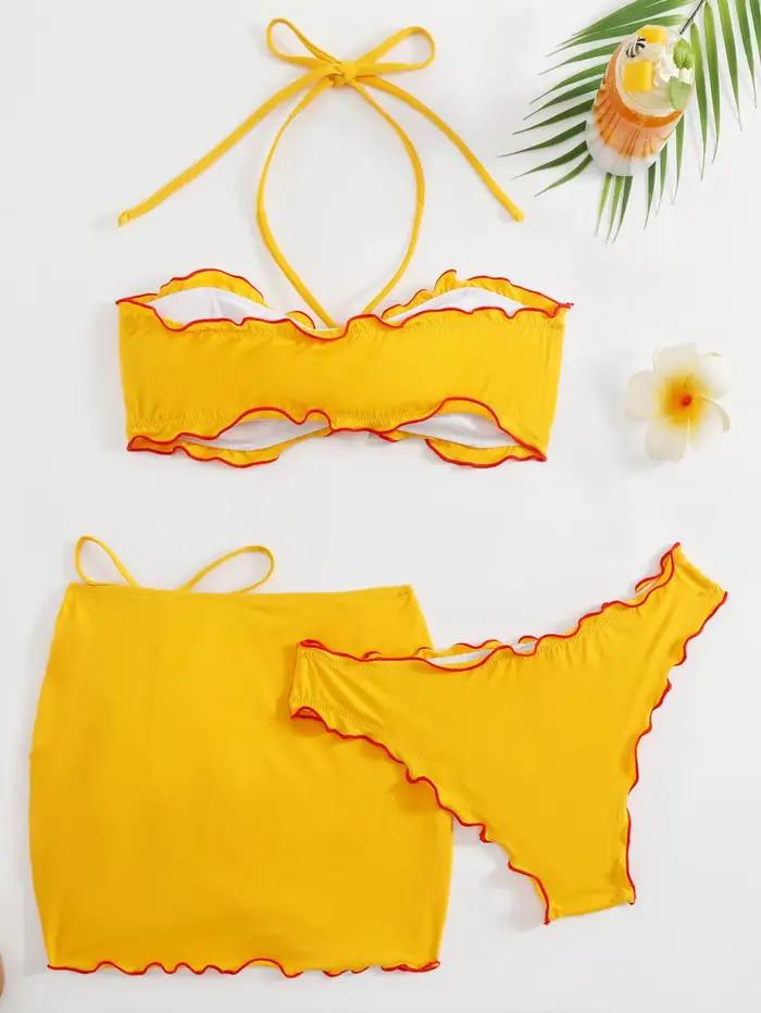 Sexy jaune 3D décoration florale Bikini ensemble 2025 femmes volants Push Up jupe plissée 3 pièces maillot de bain plage