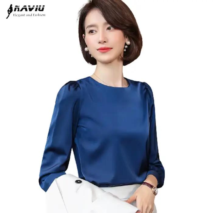 Chemise blanche à manches longues et col rond pour femme, chemisiers en mousseline de soie, bureau, travail à fond, bleu marine, nouvelle mode, printemps, 2022