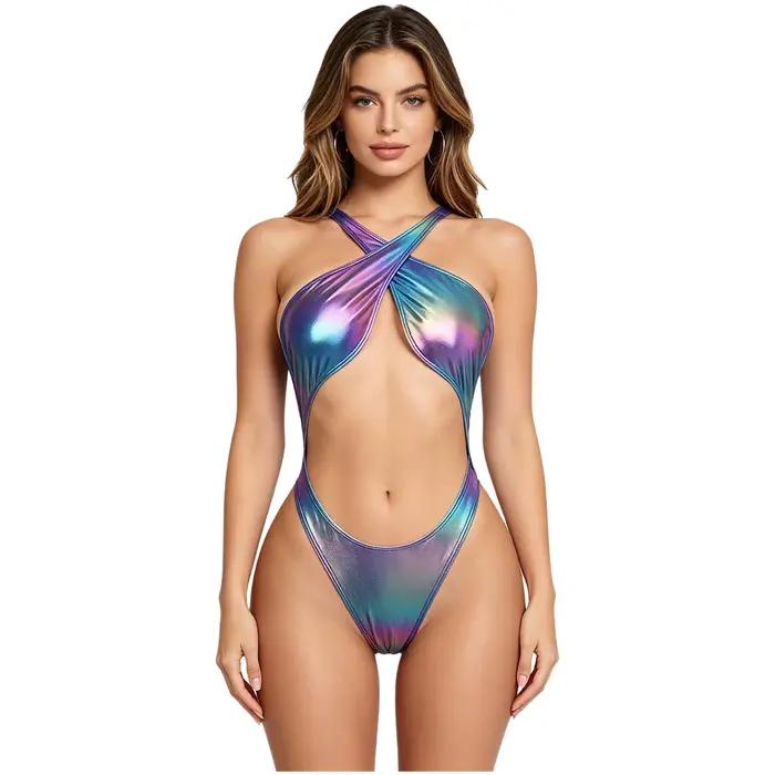 Maillot de bain une pièce métallisé irisé pour femme avec coussinets de poitrine