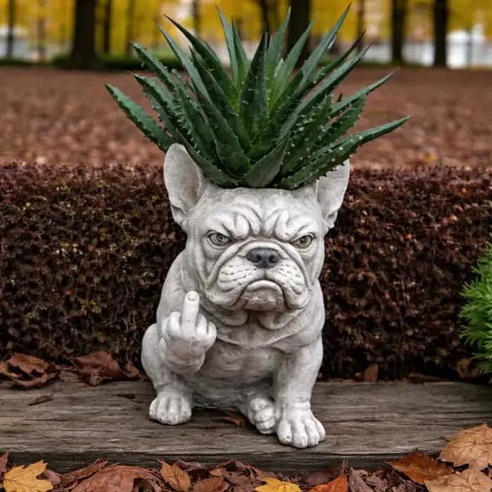 Pot de fleurs en résine en forme de bouledogue français grincheux, support de plantes élégant, ornement décoratif, décoration de jardin extérieur