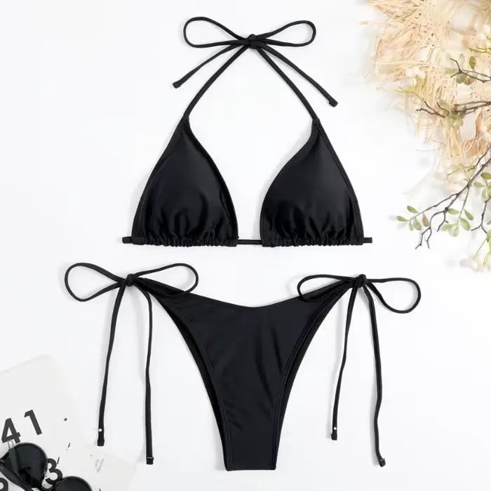 Sexy femmes string couleur unie Bikini ensemble côté licou cravate maillot de bain dames sangle fendue réglable