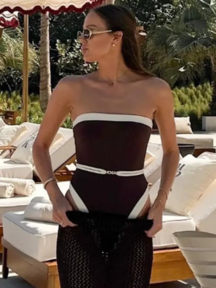 Maillot de bain patchwork pour femmes, bandeau, une pièce, push up, adapté aux sports aquatiques et aux événements sociaux, disponible en plusieurs couleurs et tailles ```