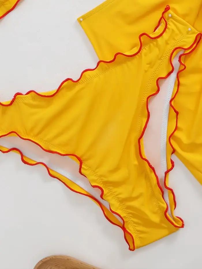 Sexy jaune 3D décoration florale Bikini ensemble 2025 femmes volants Push Up jupe plissée 3 pièces maillot de bain plage