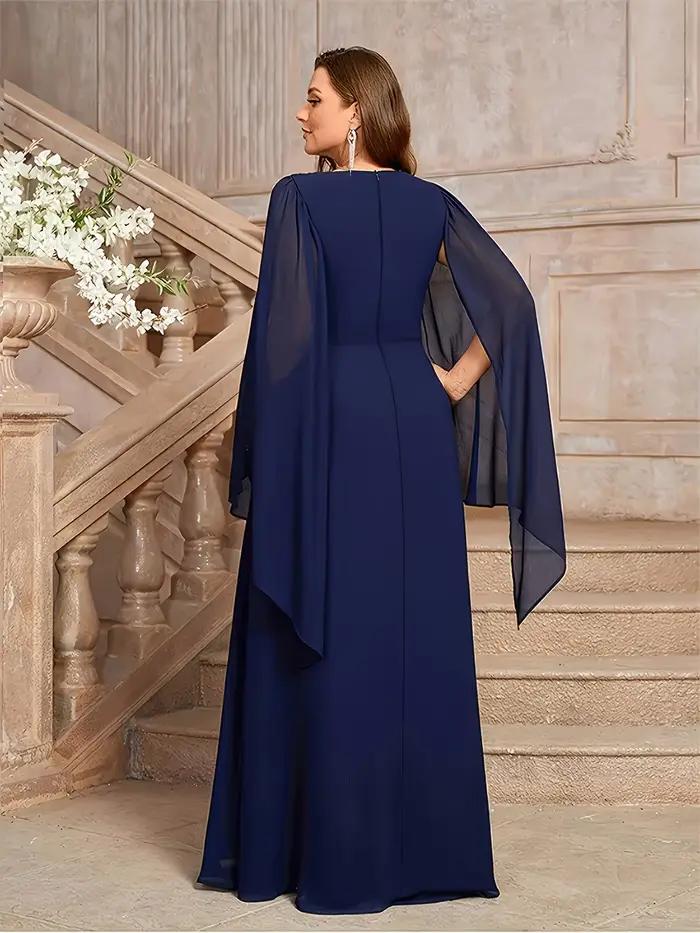 Robe de soirée longue en mousseline de soie bleu foncé grande taille 4XL 5XL avec col en V et manches châle