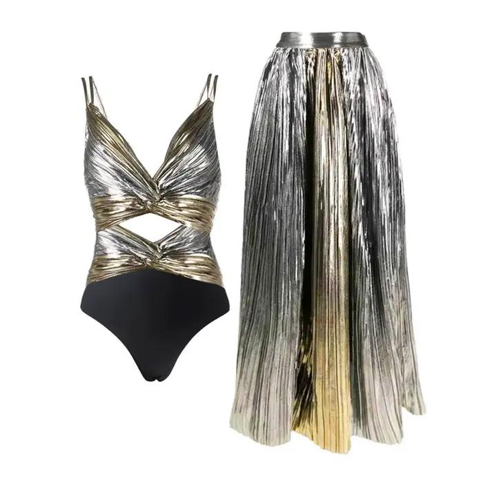Maillot de bain une pièce brillant doré et jupe pour femmes