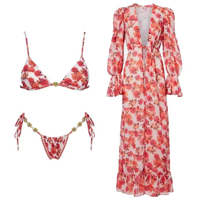 Ensemble bikini 3 pièces sexy imprimé avec paréo
