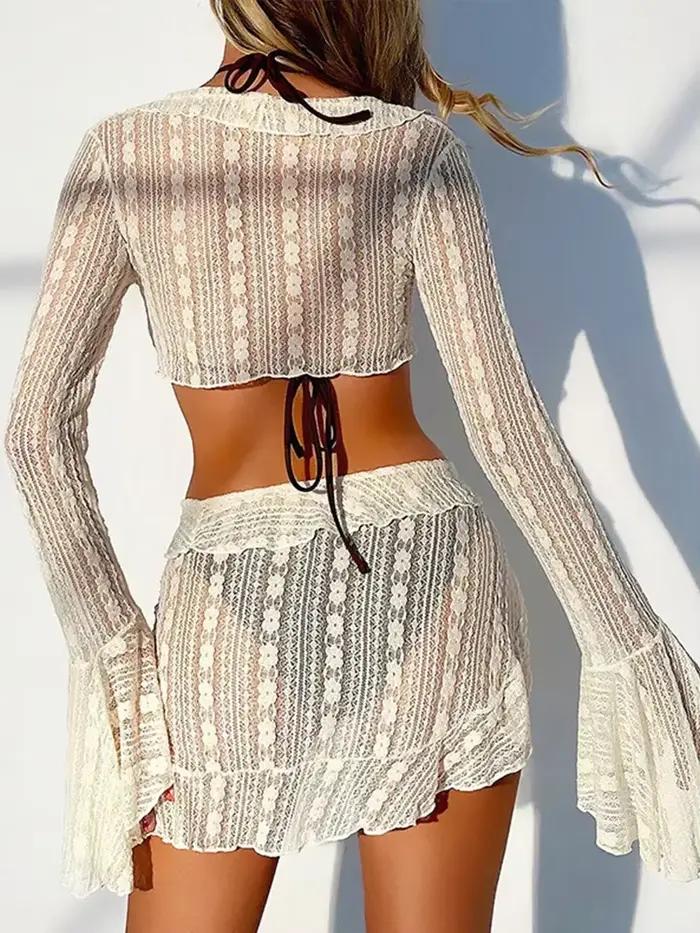 Maille Bikini quatre pièces ensemble pour femmes Lingerie Sexy à lacets Transparent hanche paquet jupe tenues 2025 été
