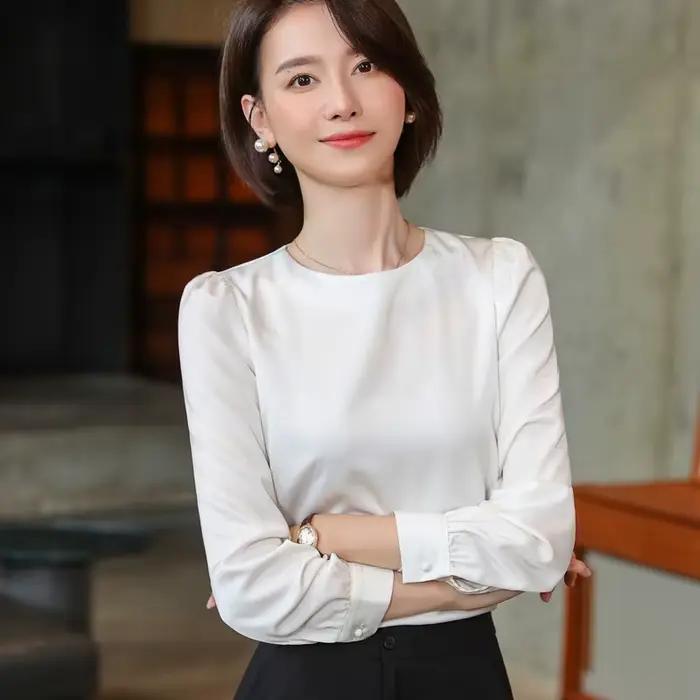 Chemise blanche à manches longues et col rond pour femme, chemisiers en mousseline de soie, bureau, travail à fond, bleu marine, nouvelle mode, printemps, 2022