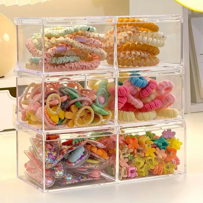 Boîte de rangement pour accessoires de cheveux à deux niveaux, boîte de rangement pour bijoux en acrylique compartimentée avec capacités de rangement multifonctionnelles
