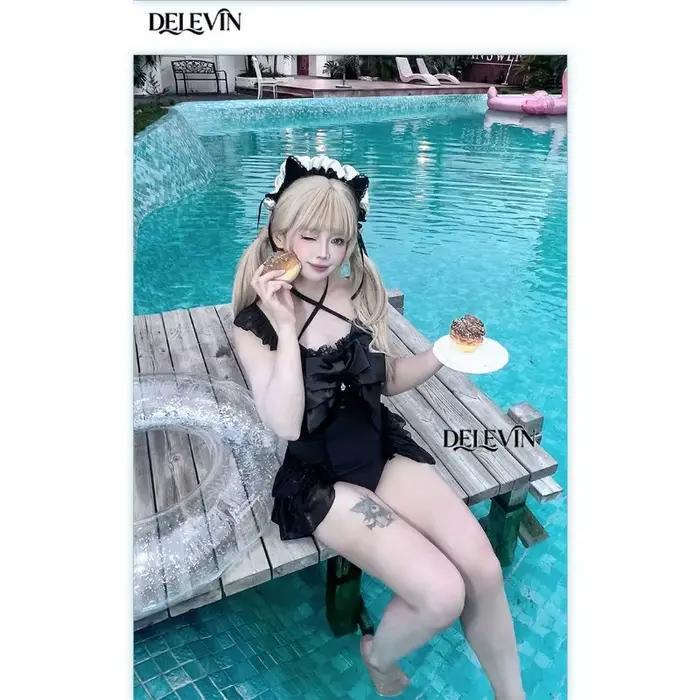 Maillot de bain une pièce original japonais couleur chocolat menthe avec nœud mignon pour femme