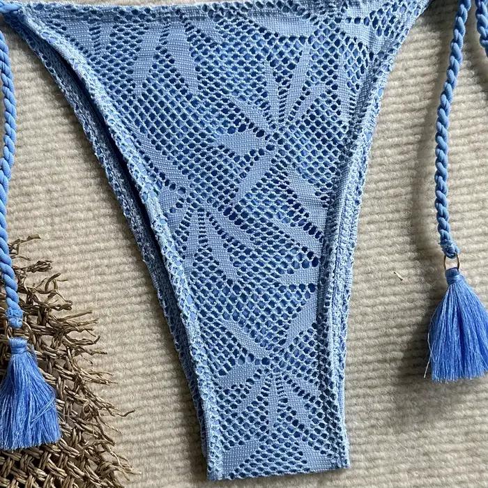 Ensemble bikini tressé couleur unie pour femme