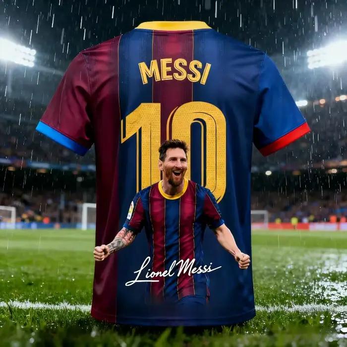 Maillot de football imprimé en 3D de Barcelone Messi n°10, décoré d'un portrait de Lionel Messi et de graphiques signés.