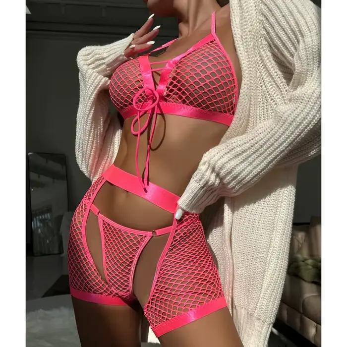 Bikini trois pièces en maille transparente pour femme