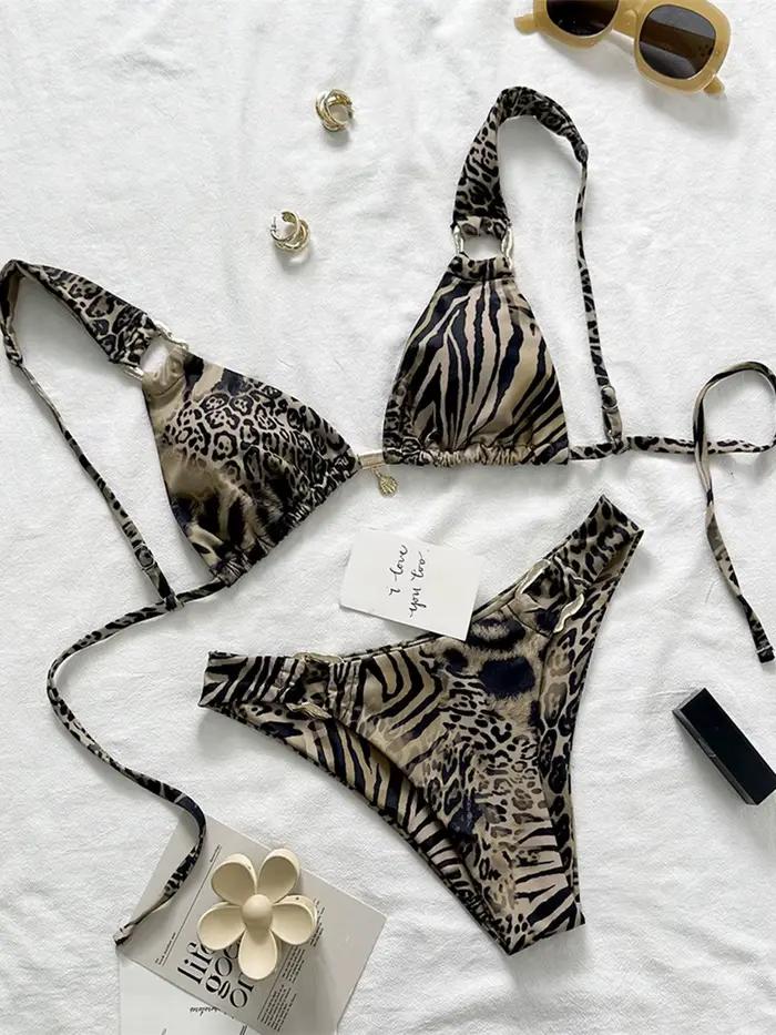 Bikini léopard en polyester et élasthanne pour femme, coupe haute, rembourré, idéal pour la plage, les vacances, la piscine, les sports nautiques et la croisière