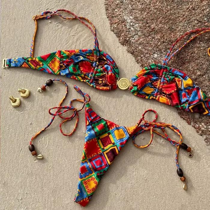 Ensemble de bikini brésilien sexy taille basse imprimé uni pour femme