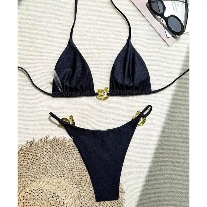 Métal Micro Bikini maillots de bain femmes Sexy à lacets Triangle licou coupe haute string