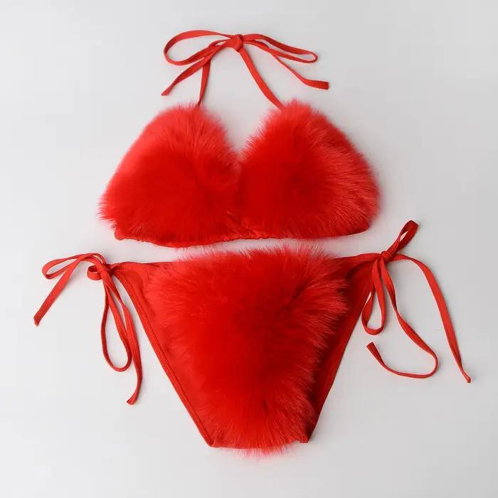 Été femmes fausse fourrure de renard Sexy licou couleur unie Bikini ensemble maillots de bain Triangle