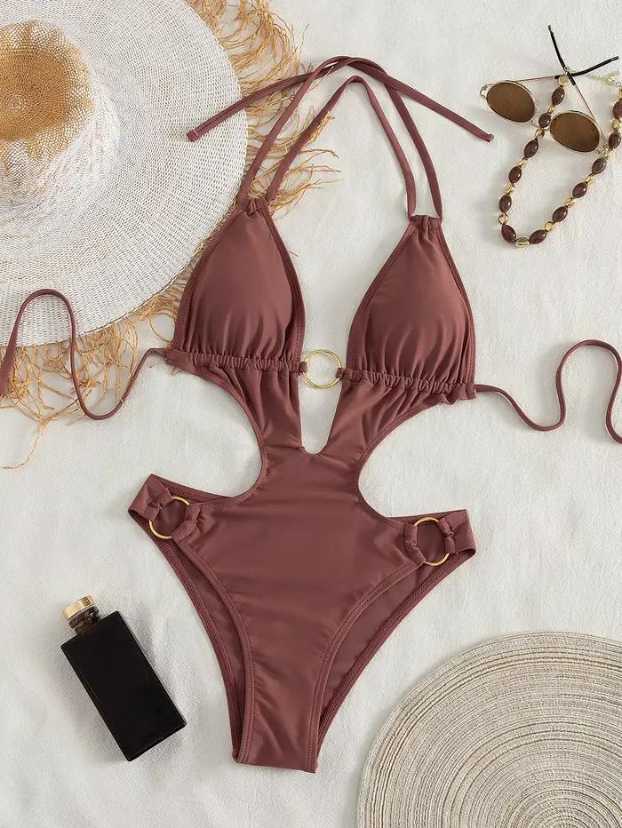 Maillot de bain une pièce halter marron chocolat pour femme