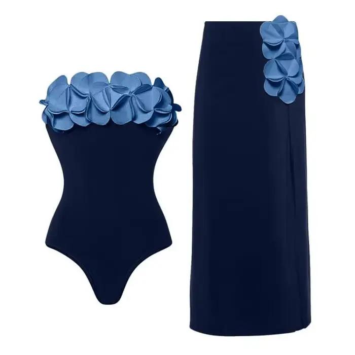Été une pièce maillot de bain et jupe Flaxmaker 2025 Sexy hors de l'épaule Bandeau 3D fleur élégant maillots de bain ensembles