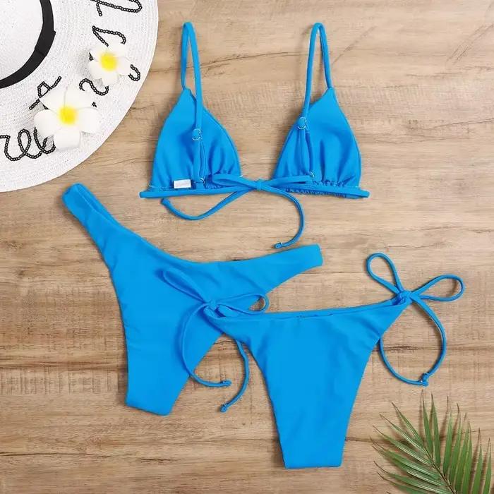 Ensemble bikini 3 pièces sexy pour femme – Maillot de bain triangle bandeau push up en bleu et violet