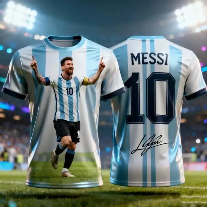 Maillot de football rayé signature Messi N°10 Argentine, imprimé 3D intégral, respirant, streetwear hip-hop, t-shirt décontracté unisexe