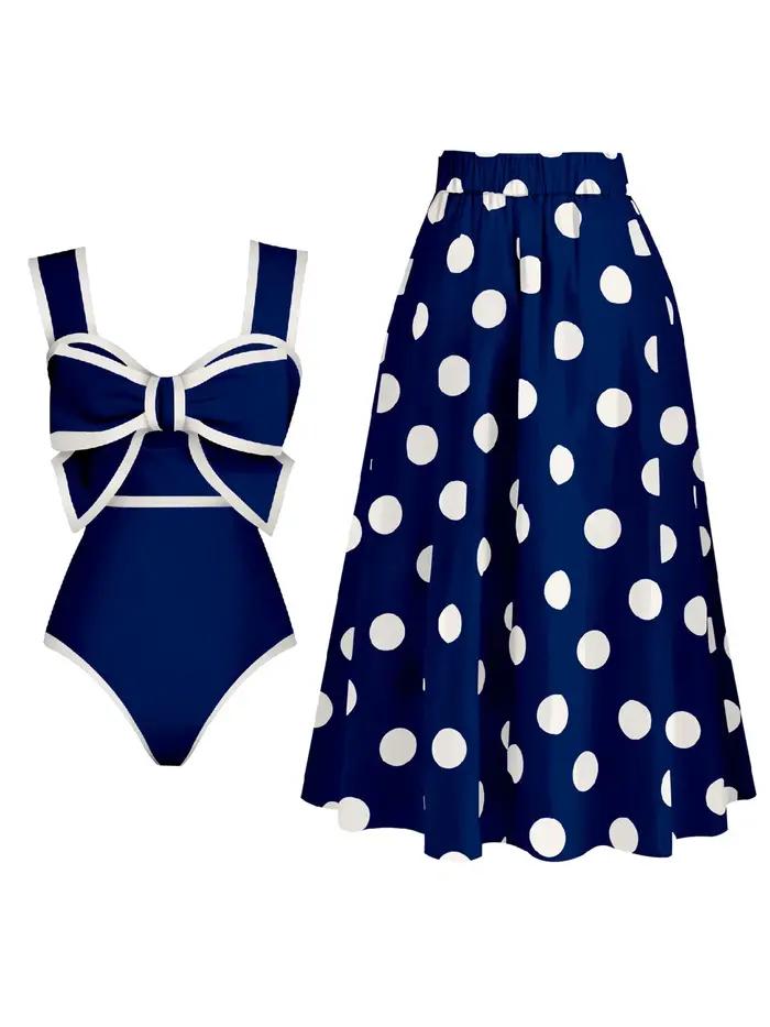 Maillot de bain une pièce en mousseline de soie à pois pour femmes, nœud papillon, jupe de plage, baigneuses, vêtements de plage, nouveau, 2025 occasions plage piscine soirée intérieur sources thermales