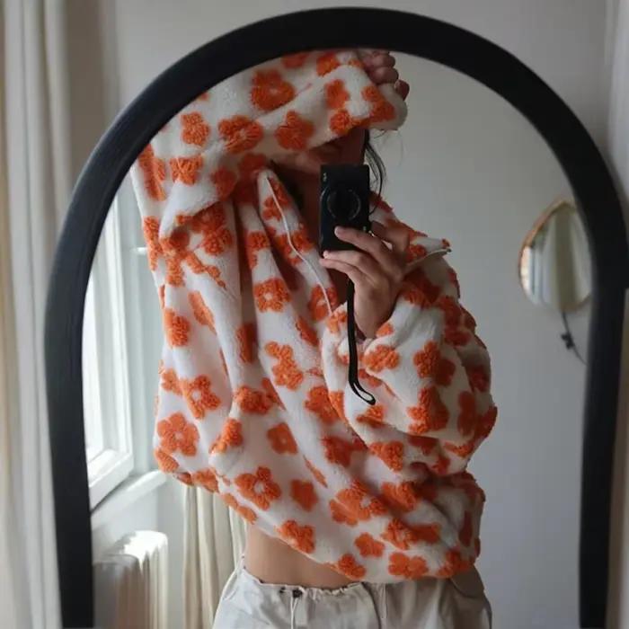 Sweat-shirt à fleurs en polaire pour femmes, nouvelle mode automne-hiver 2021, sweat à capuche chaud en fourrure, haut avec fermeture éclair, vêtements d'extérieur décontractés