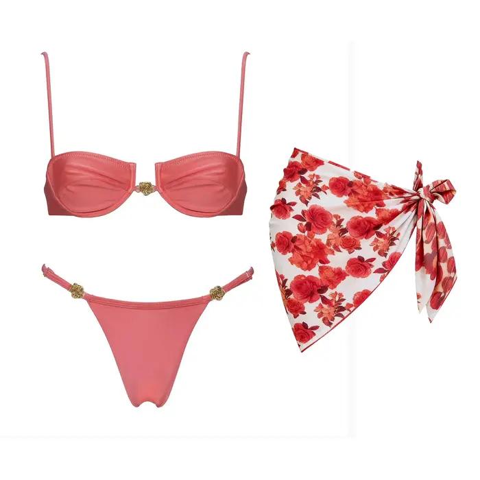 Bikinis deux pièces imprimés floral en polyester et élasthanne pour femmes, ensemble de trois modèles, nage, plage, vacances et sorties