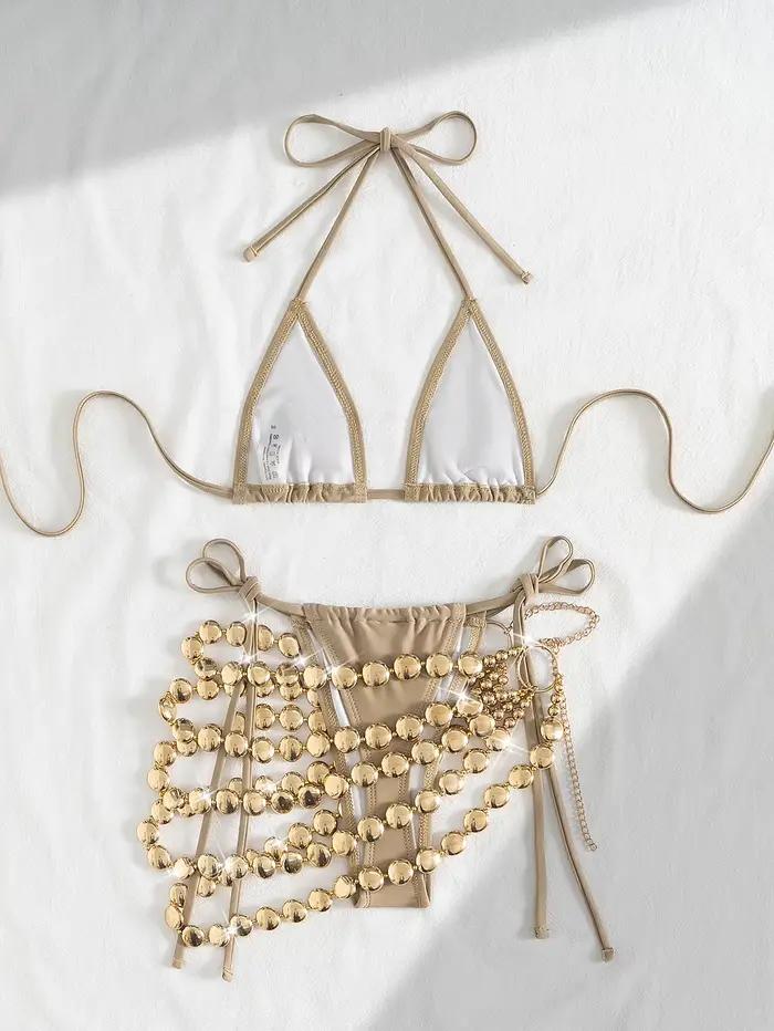 Nouveau kaki Bikini ensemble 2025 femmes évider chaîne jupe 3 pièces maillot de bain plage