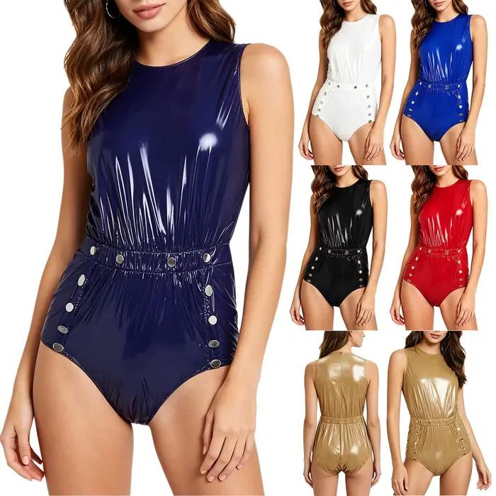 Combinaison de bain une pièce imperméable pour femme avec boutons à l'entrejambe et fermeture éclair au dos