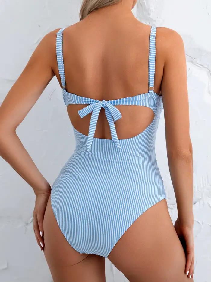 Vintage bleu ciel rayé une pièce maillot de bain 2026 femmes évider croix mince ventre contrôle maillots