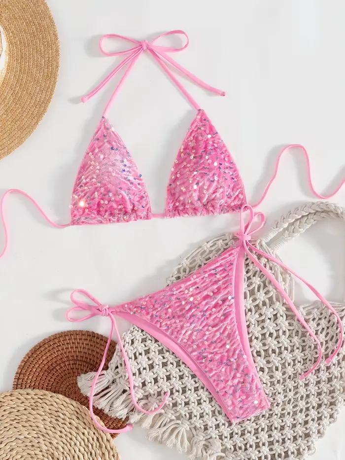 Micro bikini rose à paillettes brillantes 2026 pour femme, maillot de bain sexy push-up avec string à nouer sur les côtés, tenue de plage estivale, biquini
