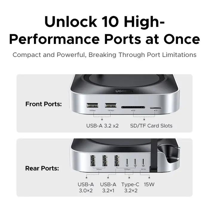 Station d'accueil USB UGREEN pour Mac Mini M4 Pro, SSD M.2 NVMe 8 To max, ports USB-A et C 10 Gbps, SD et TF 170 Mo/s, hub USB