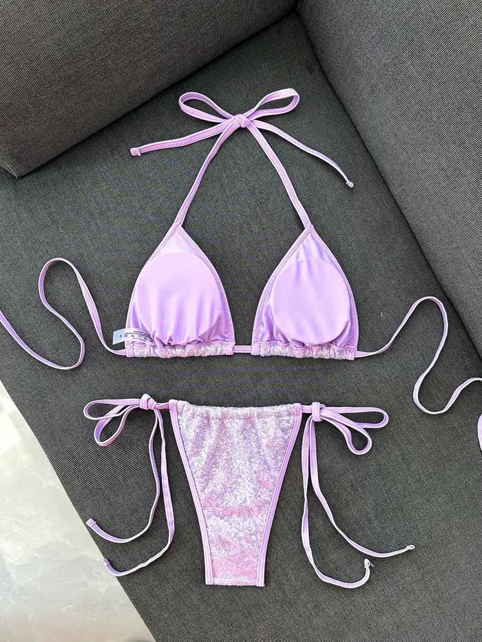 Ensemble bikini bleu à sequins brillants 2026 pour femme