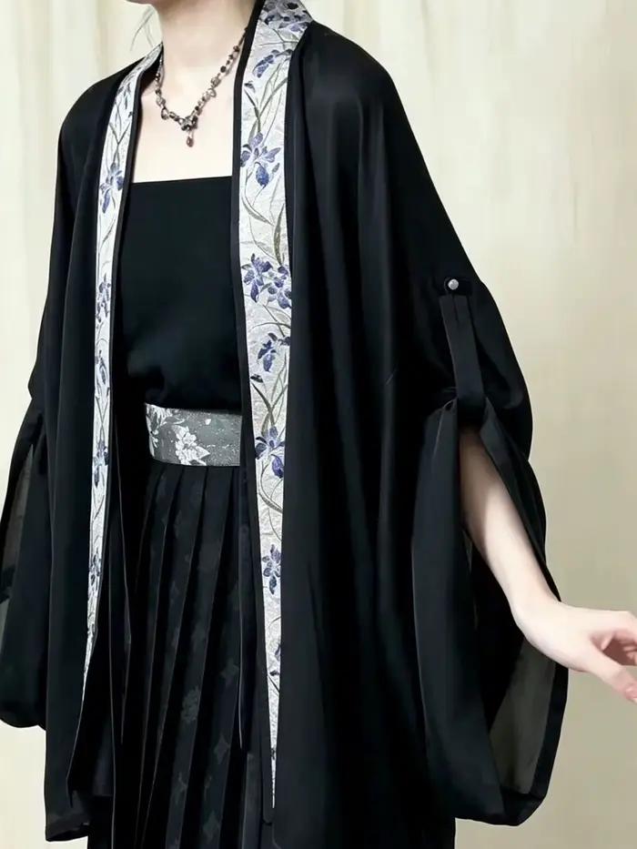 Ensemble Hanfu d'été style Song surdimensionné 8XL pour femme, col kimono, cardigan noir et violet, Hanfu ancien, ensemble 3 pièces, grande taille 8XL
