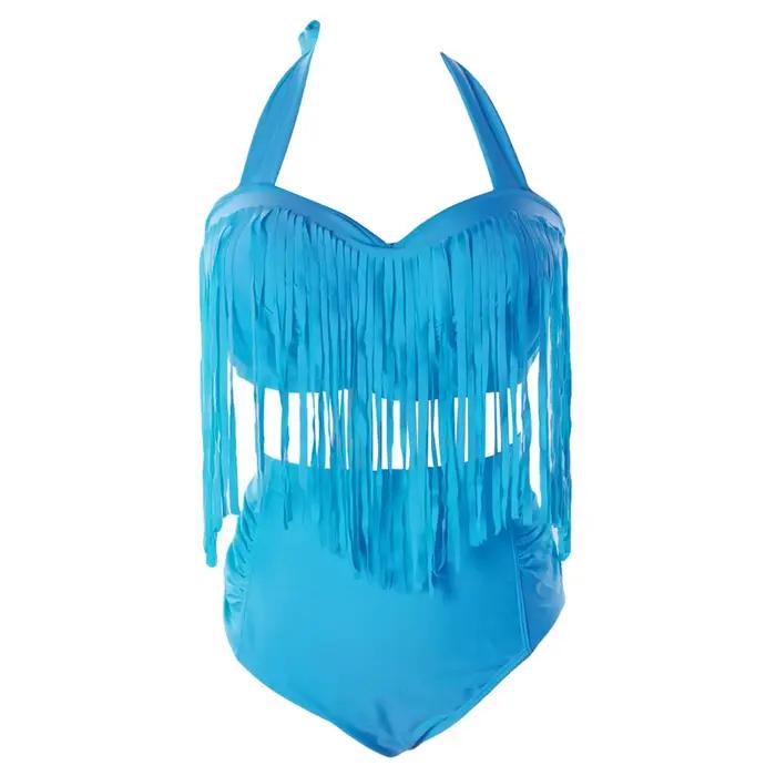 Bikini à Franges Sexy en Élasthanne et Polyester pour Femmes - Couleurs Unies - Grande Taille - Occasions de Plage et Spéciales