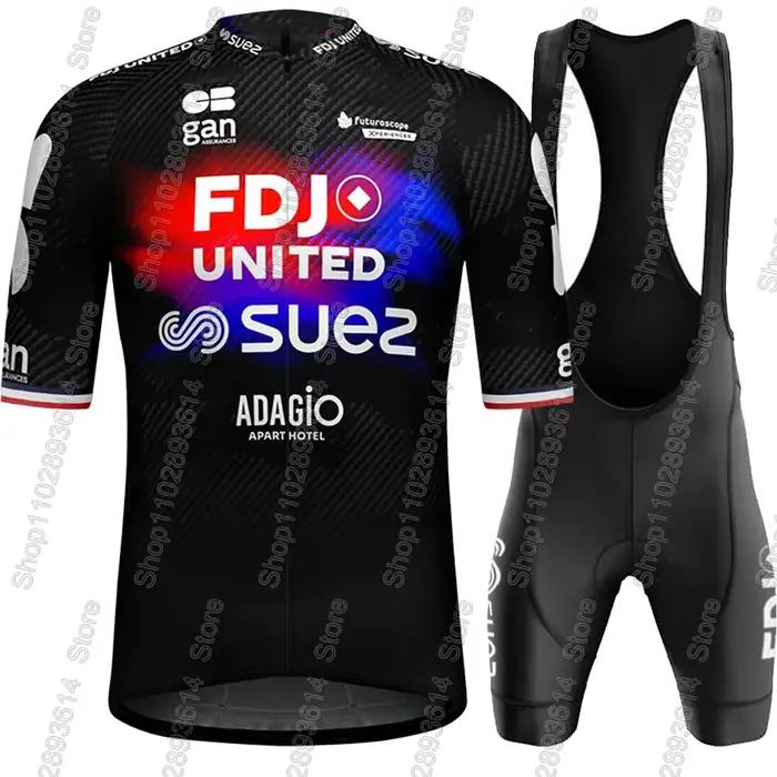 Ensemble Maillot et Cuissard Cycliste Unisexe FDJ SUEZ 2026 France – Tenue Homme Femme Manches Courtes pour Vélo de Route