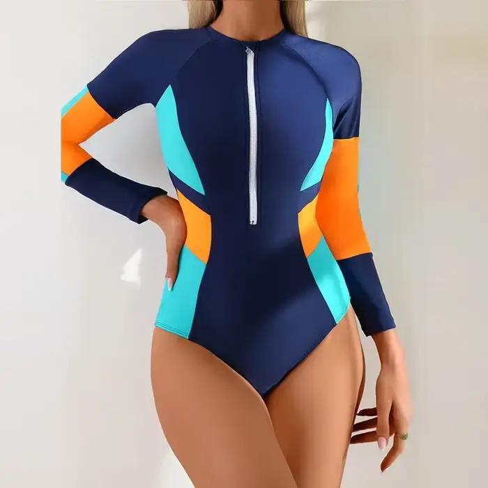 Maillot de bain une pièce pour femme avec manches longues, protection UV, sans couture, style sportif élégant pour activités nautiques et vacances de rêve